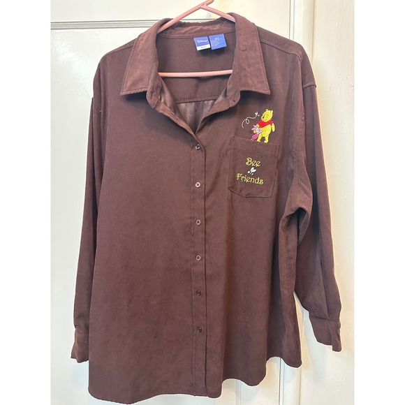 Disney Tops - Disney Winnie the Pooh Bee Friends Brown Faux Suede Button Down Shirt Womens 2X
